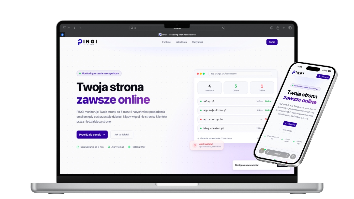 Pingi - prezentacja monitoringu stron na laptopie i telefonie