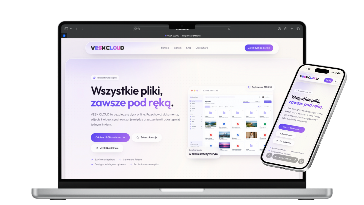 VESK CLOUD - prezentacja dysku w chmurze na laptopie i telefonie